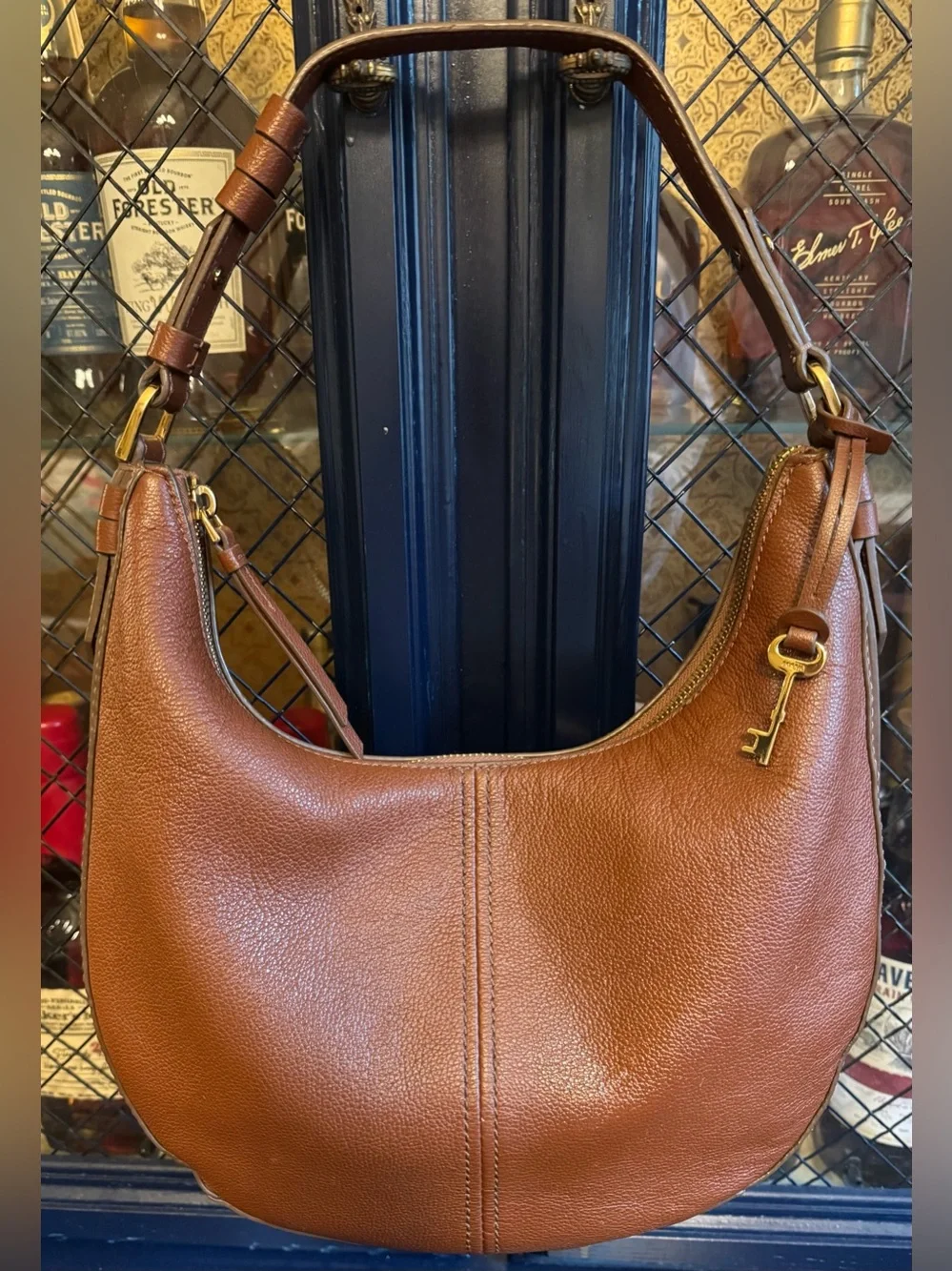 Fossil Shae Hobo Bag Brown Leather Shoulder Crescent Purse Boho Luxury Western